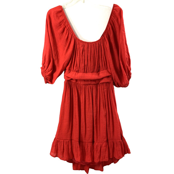 Womens Boho Dress Size Medium Red Flowy Ruffle Open Tie Back Balloon Sleeves - Picture 1 of 10